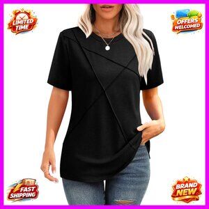 Pleated Short Sleeve Business Casual Top Loose Fit Polyester Blend Tee
